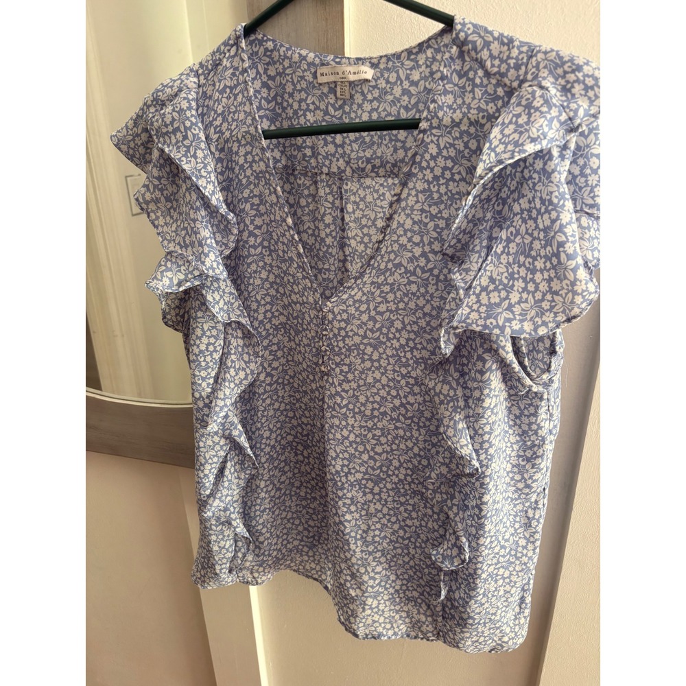 Maison d'Amélie Paris Blue White Floral Ruffle V-Neck Button Blouse Large